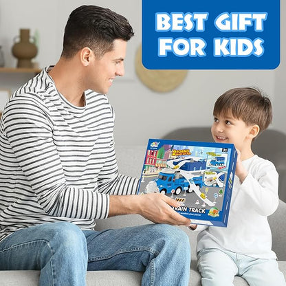 Dwi Dowellin Truck Toys for Kids 3 4 5 6 Years Old, Vehicle Toys for Kids with 4 City Cars and Playmat 3-5 (Blue)