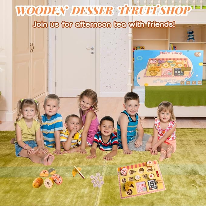 Wooden Play Food Set for Kids Kitchen,Kid Kitchen Accessories, Dessert Shop with Cutting Food Toys, Pretend Play Toy for Toddlers Boys and Girls,Aged 3 4 5 6