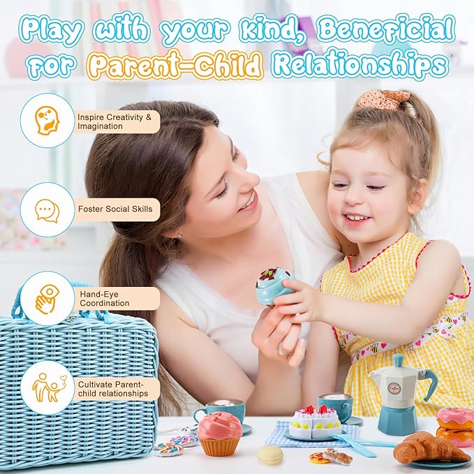 Tea Party Set for Little Girls, 30 Pcs Picnic Basket Set with Carry Case, Teapot, Tea Cup, Dessert & Table Cloth, Pretend Play Toy Gifts for Kids 4 5 6 Year Old (Blue)…