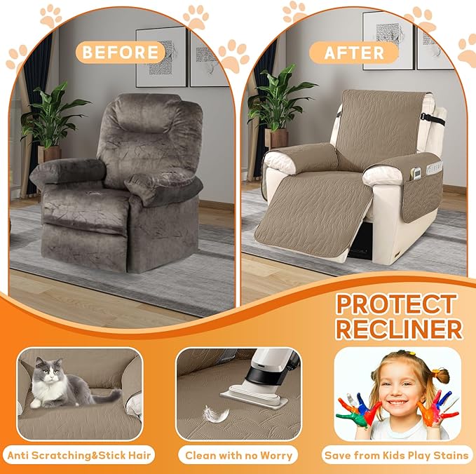 XINEAGE 100% Waterproof Recliner Chair Covers with Elastic Straps, Nonslip Reclining Couch Covers Washable Recliner Couch Cover with Pockets Furniture Protector for Pets Dogs (Light Coffee, 25")