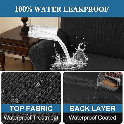 100% Waterproof Jacquard Fabric Couch Cover, Dual Layer with TPU Film, Leakproof High Elasticity Non-Slip Washable Furniture Protector for Pets, Dogs, Cats and Kids (Chair,Black)