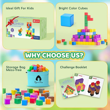 64PCS Magnetic Blocks Set, Magnet Building Blocks with Toy Figurine and Storage Bag for Kids Gifts, STEM Educational Preschool Sensory Toys for Toddlers Boys Girls Ages 3 4 5 6 7 8 +(Bright Color)