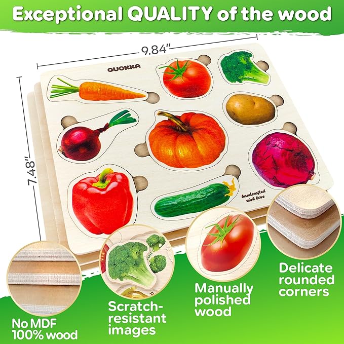 QUOKKA Wooden Puzzles for Toddlers 1-3 – 3xSET Toddler Puzzles Ages 2-4 – Montessori Cars Toy Puzzles for Toddlers 3-5 – Wood Toy Learning Realistic Fruits, Cars and Vegetables for Boy and Girl