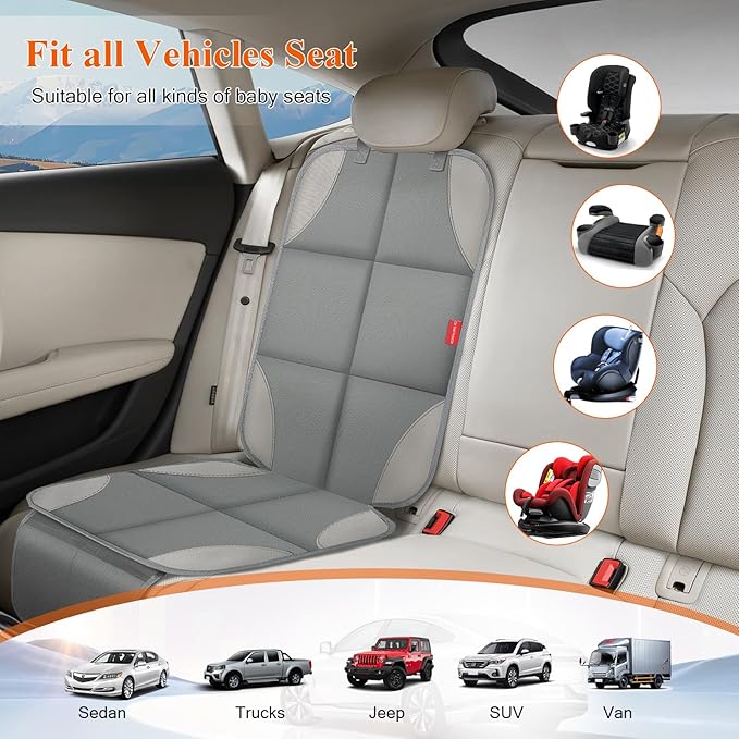 Car Seat Protector, Waterproof 600D Fabric Seat Cushion for Child Car Seat with Thickest Pad, Storage Pockets, Back Car Seat Cover for Kids, 2 Pack