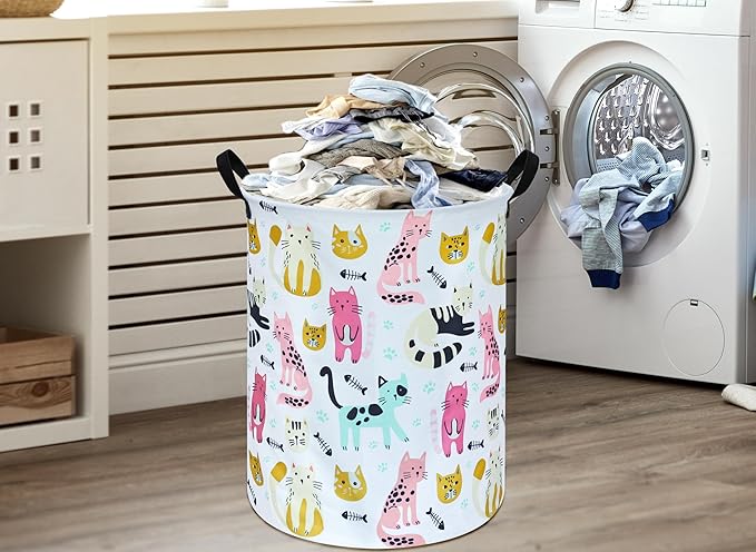 Round Cat Pattern Laundry Basket Laundry Hamper Storage Basket Organizer
