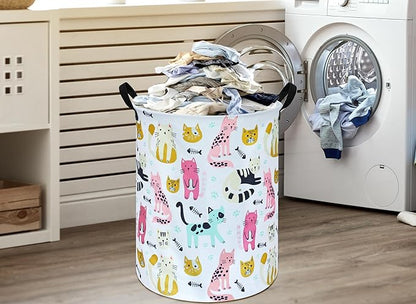 Round Cat Pattern Laundry Basket Laundry Hamper Storage Basket Organizer