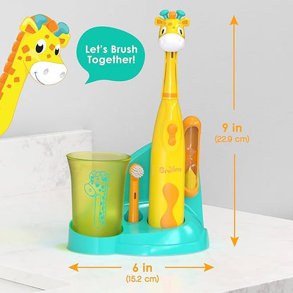 Brusheez Kids’ Electric Toothbrush Set - Safe & Effective for Ages 3+ - Parent Tested & Approved with Gentle Bristles, 2 Brush Heads, Rinse Cup, 2-Minute Timer, & Storage Base (Jovie The Giraffe)
