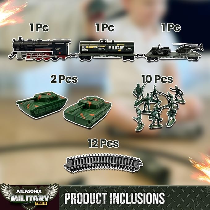 USA Electric Express Train Set for Kids Ages 4-8 - Military Toy Polar Train Model with Helicopter, Tank, Soldiers & Tracks - Around The Tree Fun Birthday Gift for Boys Ages 2-4