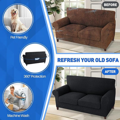 MAXIJIN 3 Piece Jacquard Couch Covers for 2 Cushion Couch Stretch Non Slip Love Seat Couch Cover for Dogs Pet Friendly Elastic Furniture Protector Loveseat Slipcovers (Loveseat, Black)
