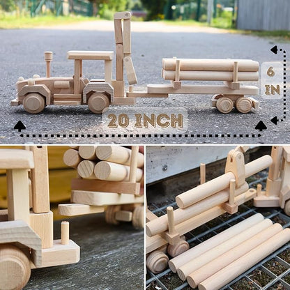 Wooden Logging Tractor Toy with Realistic Shape, Wooden Toy Truck with Trail & Cargo - Eco-Friendly Wood Toy for Kids Age 3 Years Old - Preschool Educational Game