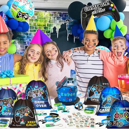 Video Game Party Favors Birthday Supplies, Gamer Drawstring Bag Keychain Silicone Bracelet Tattoo Sticker, Gamer Gaming Birthday Party Favor Goodie Bag Stuffers Fillers Classroom Rewards for Kids