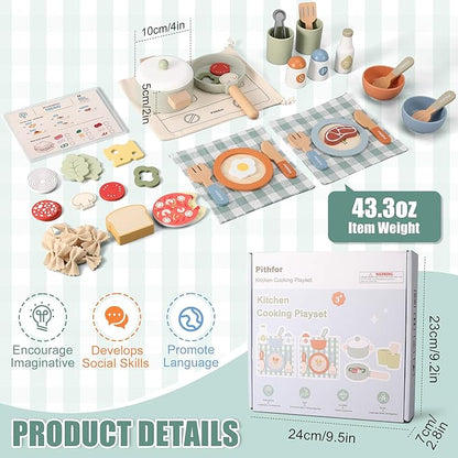 Wooden Play Cooking Set, Pretend Play Kitchen Accessories Toys Set for Kids Toddlers, Including Play Dishes, Pot and Pan, Utensils, Gifts for 3 4 5 Years Old Girls Boys