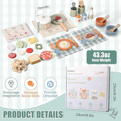Wooden Play Cooking Set, Pretend Play Kitchen Accessories Toys Set for Kids Toddlers, Including Play Dishes, Pot and Pan, Utensils, Gifts for 3 4 5 Years Old Girls Boys