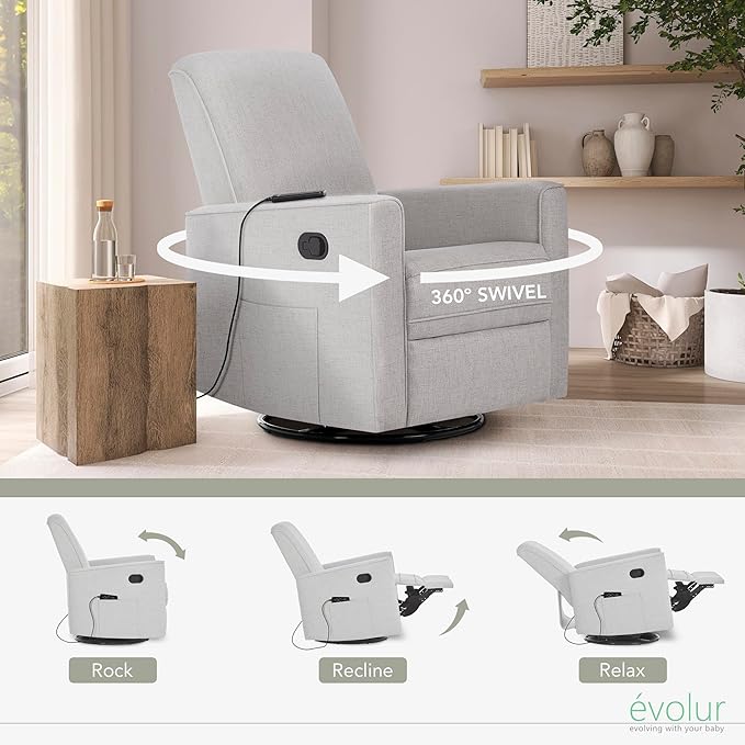 Evolur Raleigh Glider with Massager in Charcoal, Upholstered Plush Seating 360° Swivel Glider Rocking Chair, FSC Certified, Greenguard Gold & JPMA Certified Nursery Glider Recliner