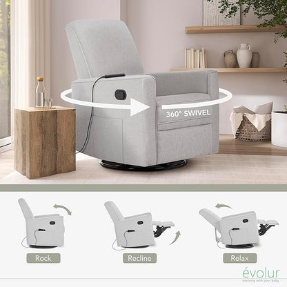 Evolur Raleigh Glider with Massager in Charcoal, Upholstered Plush Seating 360° Swivel Glider Rocking Chair, FSC Certified, Greenguard Gold & JPMA Certified Nursery Glider Recliner