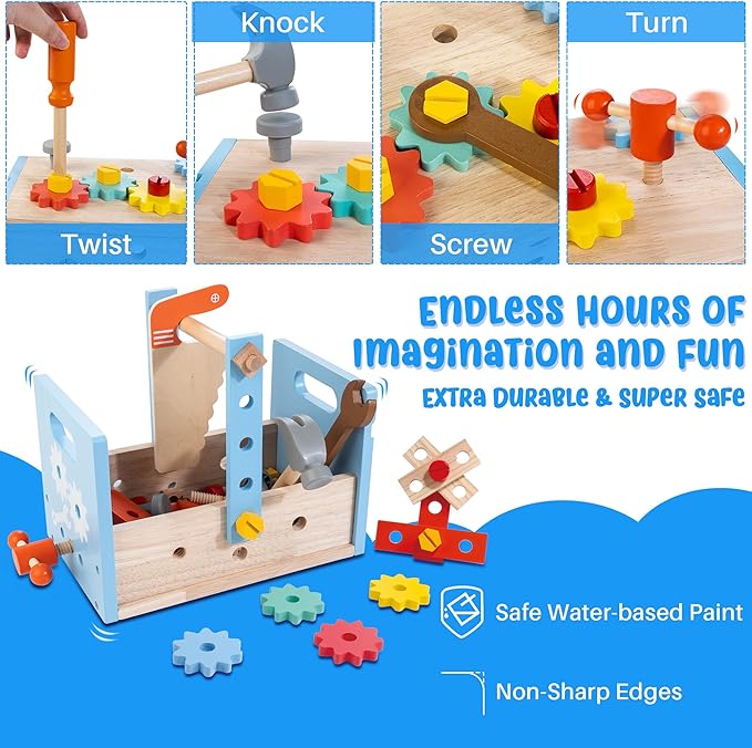 Bravmate Wooden Tool Set for Kids 2-5 Years Old - 38pcs Take-Along Toddler Tool Kit with Tool Box, STEM Montessori Toys Christmas Birthday Gift for 2 3 4 5 Year Old Boys Girls