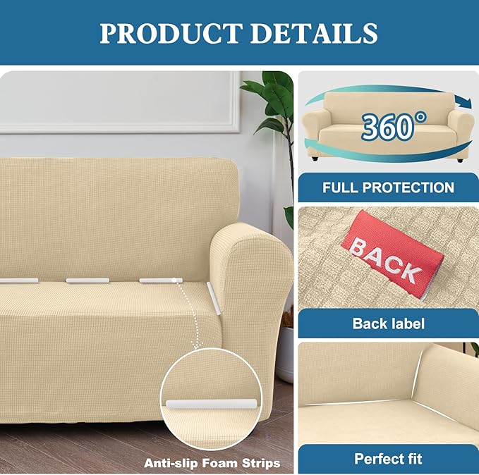 100% Waterproof Jacquard Fabric Couch Cover, Dual Layer with TPU Film, Leakproof High Elasticity Non-Slip Washable Furniture Protector for Pets, Dogs, Cats and Kids (Loveseat,Natural Color)