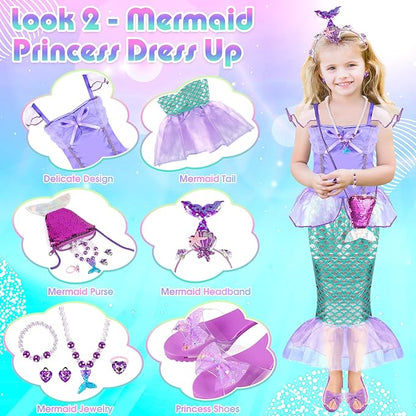 Toddlers Princess Dress Up Clothes for Little Girls 3 4 5 6, Unicorn & Mermaid Kids Dress Up Princess Costume with Wing, Shoes, Play Jewelry, Kids Pretend Play Princess Toys Gifts for Girls Toddlers