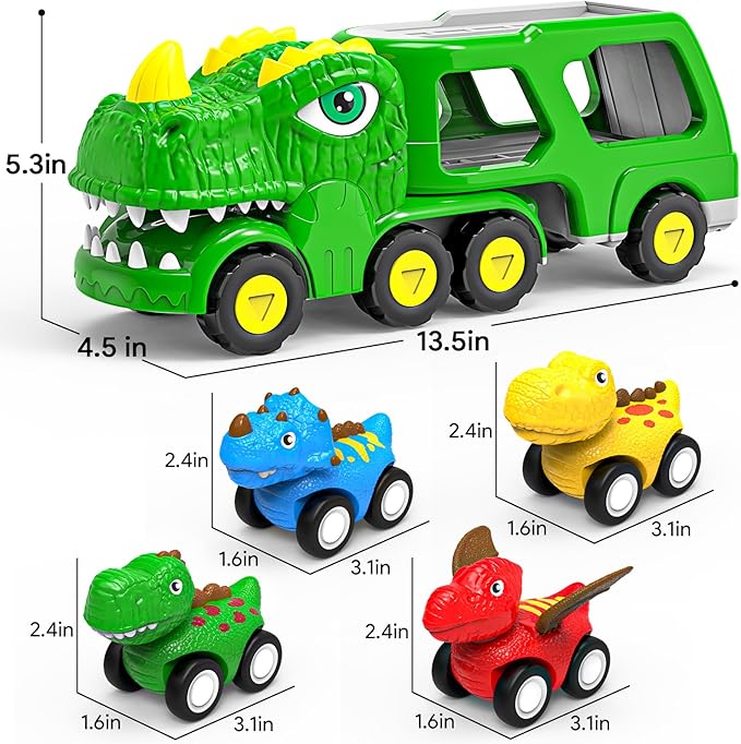 Toys for 1 2 3 4 Year Old Boy Girl, 5 in 1 Toy Trucks for Boys Age 2-3 with 4 Dinosaur Toy Cars for Toddlers 1-3
