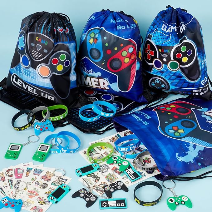 Video Game Party Favors Birthday Supplies, Gamer Drawstring Bag Keychain Silicone Bracelet Tattoo Sticker, Gamer Gaming Birthday Party Favor Goodie Bag Stuffers Fillers Classroom Rewards for Kids
