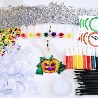 Winlyn 27 Sets Halloween Pumpkin Suncatchers Ornaments Decorations DIY Window Paint Art Suncatchers Craft Kits Jack-O'-Lantern Sun Catchers for Kids Classroom Activities Fall Halloween Art Project