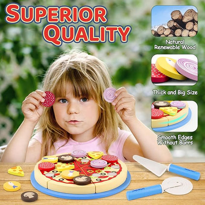 Wooden Pizza Toys for Kids, 24Pcs Cutting Toy Pizza Play Food Set, Pretend Play Kitchen Accessories Wood Cooking Toys for 3 4 5 Year Old Toddlers Boys Girls