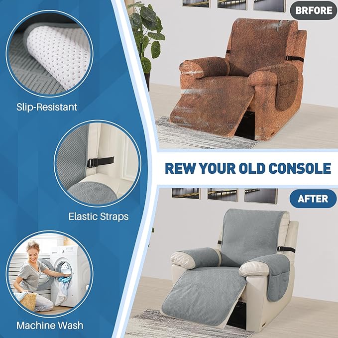 Easehomey 100% Waterproof Recliner Chair Covers, Non-Slip Recliner Covers That Stay in Place with Two Pocket Elastic Straps Washable Large Reclining Chair Cover Furniture Protector (Light Grey, 28")