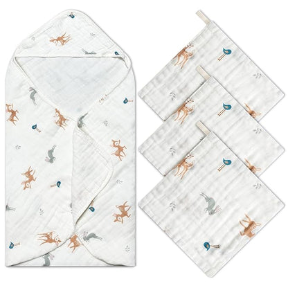 Zainpe 4Pcs Muslin Baby Hooded Towel & Washcloth Set Deer 31.5 x 31.5 in