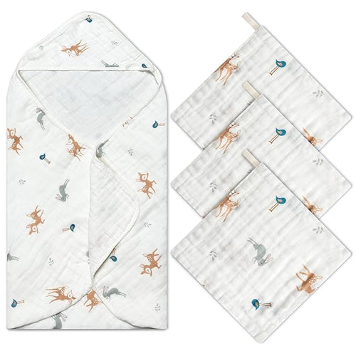 Zainpe 4Pcs Muslin Baby Hooded Towel & Washcloth Set Deer 31.5 x 31.5 in