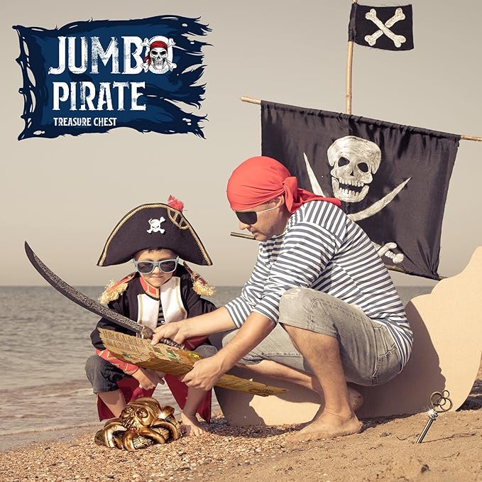 XXTOYS Jumbo Pirate Dig Kit - Dig up 12 Pirate Treasures, Gemstones, Gold Coins - Pirate Toys for Kids - Great Birthday Party Supplies, Gifts Idea for Boys & Girls - Includes Treasure Chest