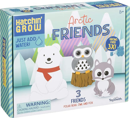 Toysmith Hatchin' Grow Artic Friends Add Water Holiday Winter Toys for Kids - Owl, Fox, Polar Bear, 4 inches (6927)