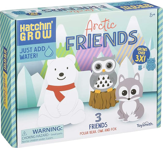 Toysmith Hatchin' Grow Artic Friends Add Water Holiday Winter Toys for Kids - Owl, Fox, Polar Bear, 4 inches (6927)