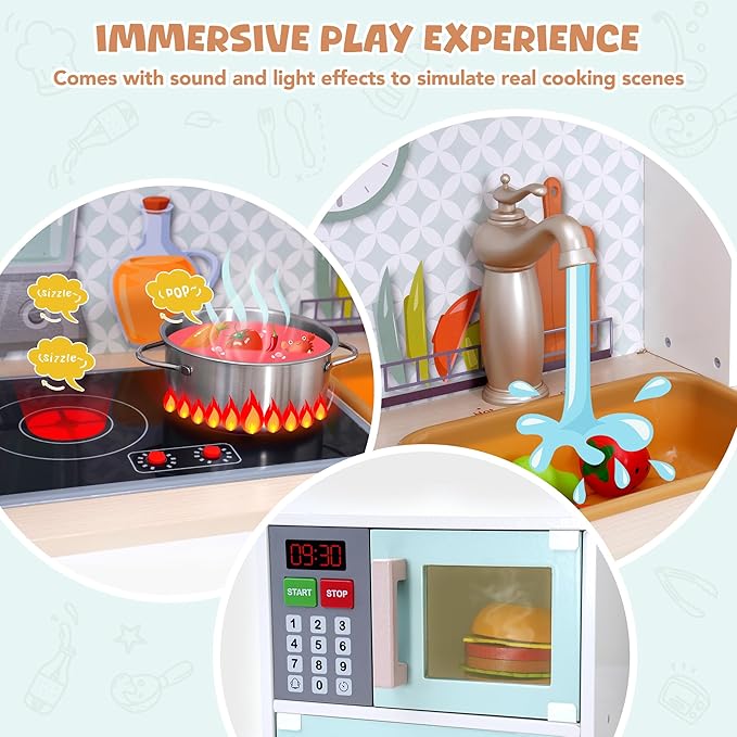 Wooden Play Kitchen for Kids Toddlers, Kitchen Playset with Stove, Oven, Sink, Fridge and Accessories Toy Kitchen Set with Plenty of Play Features, Kids Play Kitchen Designed, Gift for Ages 3+
