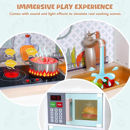 Wooden Play Kitchen for Kids Toddlers, Kitchen Playset with Stove, Oven, Sink, Fridge and Accessories Toy Kitchen Set with Plenty of Play Features, Kids Play Kitchen Designed, Gift for Ages 3+