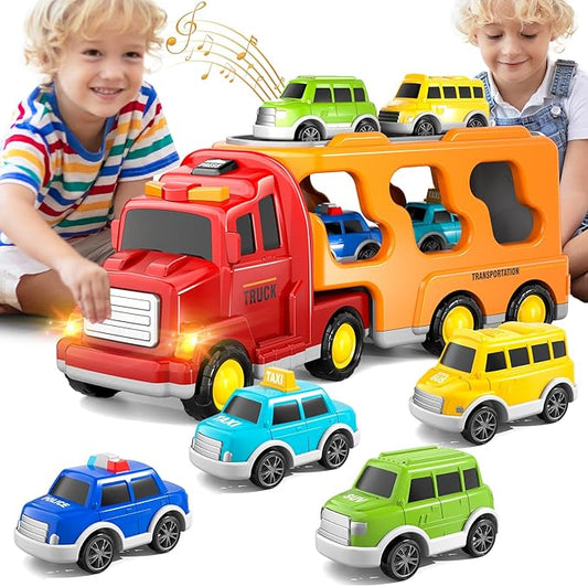 Bennol Trucks Cars Toys for 3 4 5 Year Old Boy Toddler, 5 in 1 Carrier Truck Bus Veihicle Playset Boy Toddler Toys with Light Sound