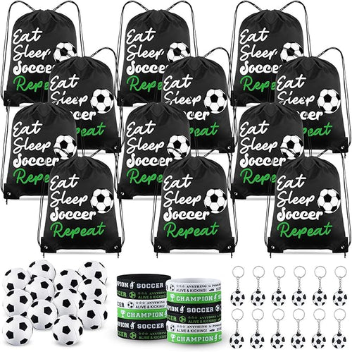 48 Pcs Soccer Party Favors for Kids Include 12 Soccer Drawstring Bags, 12 Soccer Keychain, 12 Silicone Soccer Bracelets, 12 Mini Stress Ball for Sports Birthday Party Supplies Decorations