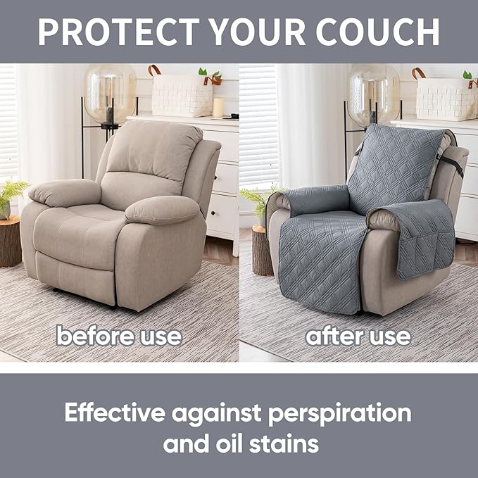 Easehomey 100% Waterproof Recliner Chair Covers, Non Slip Dog Chair Cover Furniture Protector Washable Chair Cover with Pocket, Elastic Straps for Kids,Pets,Dogs (Light Gray, 23.6")