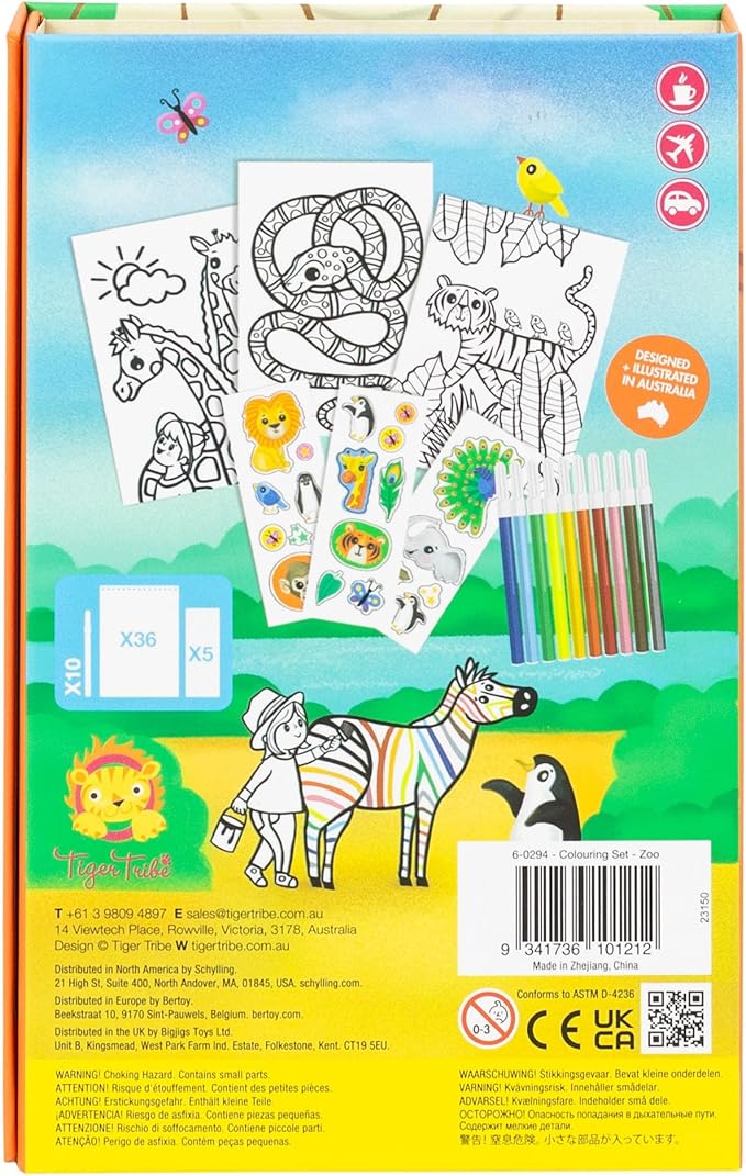 Tiger Tribe: Coloring Set - Zoo - Activity Set w/Stickers, Coloring Pages & Markers Stored Inside Magnetic Sealed Storage Box, Portable, Kids Age 4+