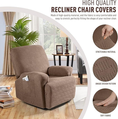 KinCam Oversized Recliner Chair Covers, Stretch Reclining Chair Covers for Large Recliner, Stripe Jacquard Recliner Covers Furniture Protector Covers with Elastic Bottom for Kids, Pets (Light Coffee)