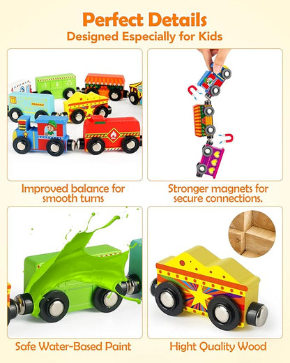 Vanmor Wooden Magnetic Train Set for Toddlers,10-Piece Educational Toy Cars with Magnets, Includes Storage Bag, Skill-Building Wooden Trains for Boys & Girls, for Kids 3-5 and 4-8 Years