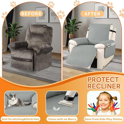 XINEAGE 100% Waterproof Recliner Chair Covers with Elastic Straps, Nonslip Reclining Couch Covers Washable Recliner Couch Cover with Pockets Furniture Protector for Pets Dogs (Light Gray, 23")
