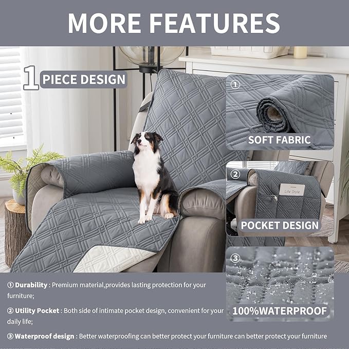 Easehomey 100% Waterproof Recliner Chair Covers, Non Slip Oversized Reclining Cover, Cover Furniture Protector Washable Chair Cover with Pocket,Elastic Straps for Kids,Pets,Dogs(Light Gray,28")