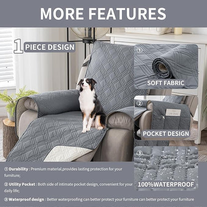 Easehomey 100% Waterproof Recliner Chair Covers, Non Slip Oversized Reclining Cover, Cover Furniture Protector Washable Chair Cover with Pocket,Elastic Straps for Kids,Pets,Dogs(Light Gray,28")