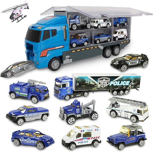 Jenilily Police Car Toy Blue Truck Toy Transporter Mini Vehicles 3 4 5 6