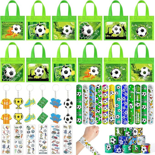 Winrayk 12 Set Soccer Party Favors Sports Birthday Supplies Kids, Non Woven Gift Bags Slap Bracelet Keychain Tattoo Sticker Boys Gift Toy Soccer Pinata Filler Goodie Bag Stuffers Soccer Party Supplies