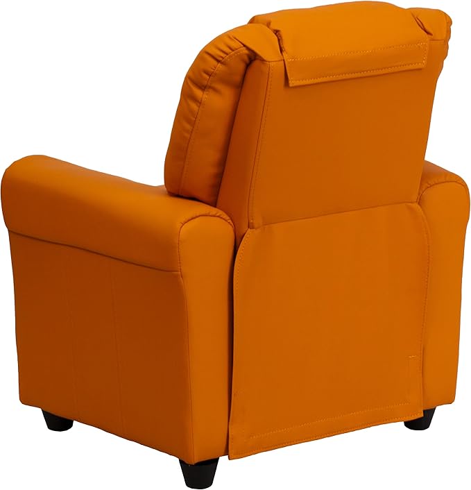 Flash Furniture Vana Vinyl Kids Recliner with Cup Holder, Headrest, and Safety Recline, Contemporary Reclining Chair for Kids, Supports up to 90 lbs., Orange