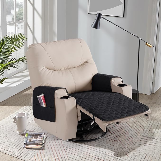 Ruaozz Waterproof Recliner Chair Covers Non Slip Chair Covers Recliner Seat Cover with Arms Washable Recliner Covers for Reclining Chair with Pocket, Covers for Recliner Chair (Black, Small-22'')