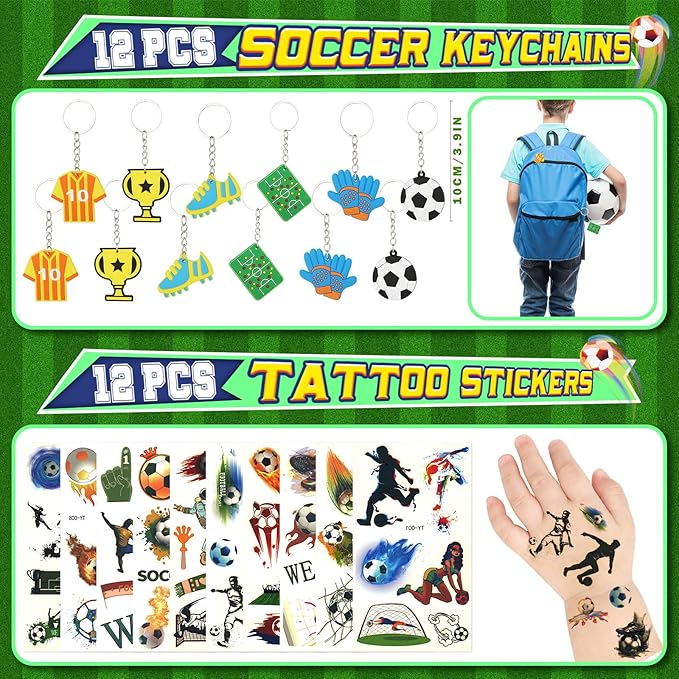 Winrayk 146Pcs Soccer Party Favors Birthday Supplies for Kids, Straw Bouncy Ball Puzzle Toy Bracelet Gift Bag Whistle Sticker Keychain, Goody Stuffer Girls Boys Sports Soccer Themed Party Favors Decor
