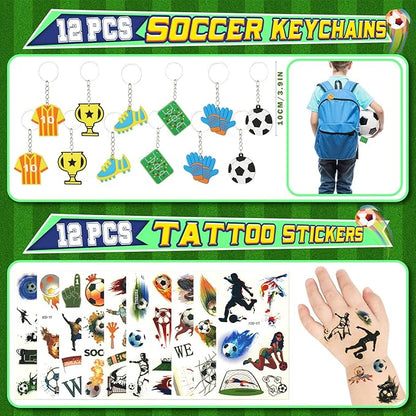 Winrayk 146Pcs Soccer Party Favors Birthday Supplies for Kids, Straw Bouncy Ball Puzzle Toy Bracelet Gift Bag Whistle Sticker Keychain, Goody Stuffer Girls Boys Sports Soccer Themed Party Favors Decor