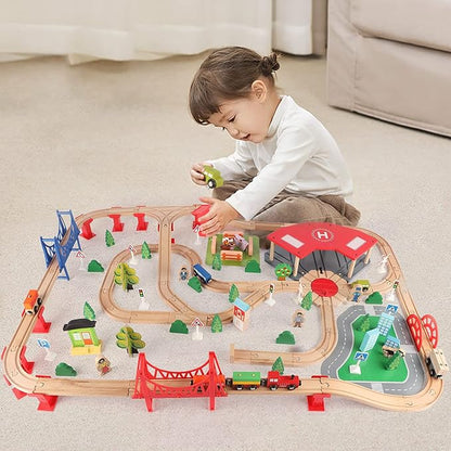 Qilay 140 Pcs Wooden Train Set, Delux Toddler Train Set Railway Kits for Kids 3,4,5 Year